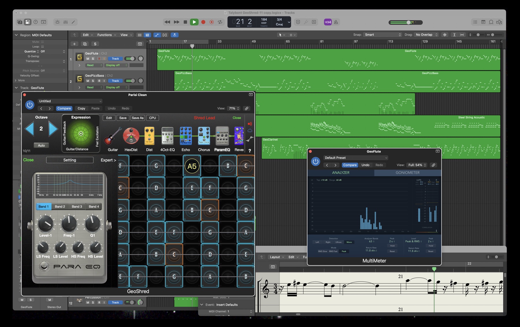 GeoShred Studio plug-in open in a Logic Pro session, with its effects chain, a parametric EQ pedal and the GeoShred playing surface, beside GeoFlute and score views