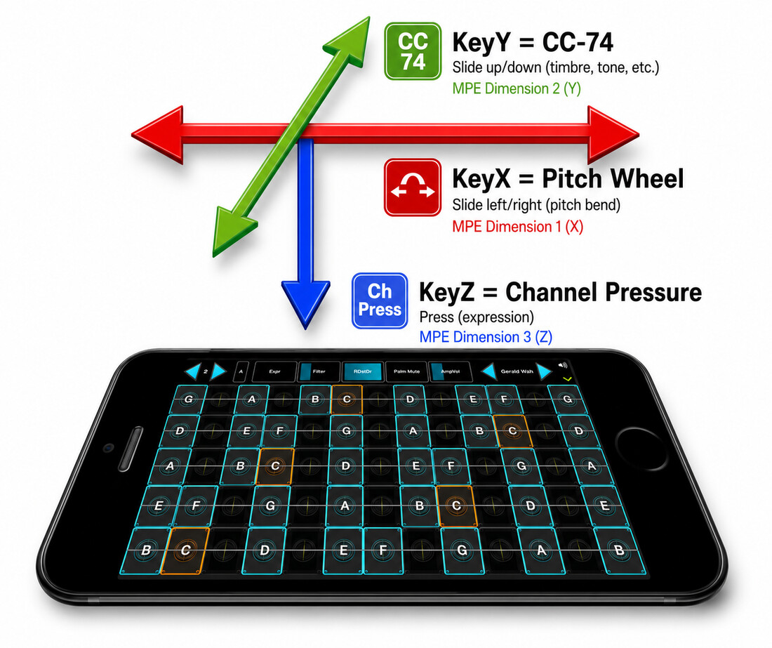 Diagram of MPE's three dimensions of expression on GeoShred: KeyX is Pitch Wheel (slide left/right for pitch bend), KeyY is CC-74 (slide up/down for timbre), KeyZ is Channel Pressure (press for expression)